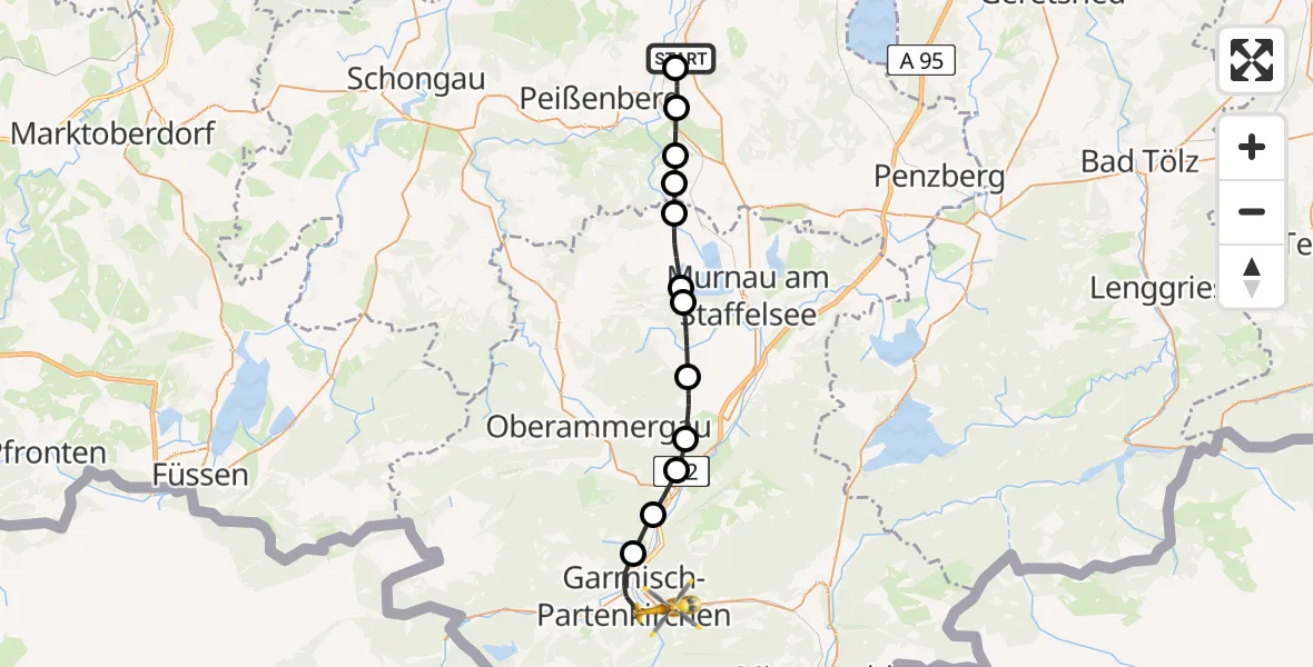Flugroute Rettungshubschrauber Weilheim Rettungshubschrauberlandeplatz - Garmisch-Partenkirchen Clinic Hubschrauberlandeplatz, 29 Mai 2026, 14:49