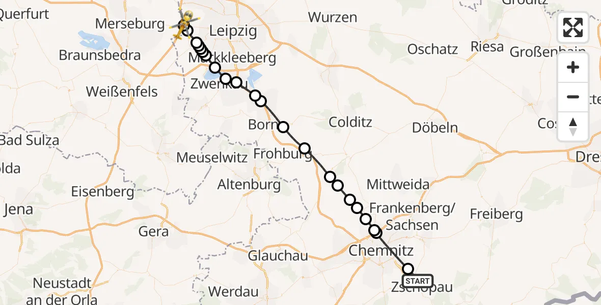 Flugroute Rettungshubschrauber Gornau/Erzgeb. - ADAC Air Rescue Station Leipzig/Schkeuditz-Dölzig Hubschrauberlandeplatz (Christoph 61), 29 Mai 2026, 15:05