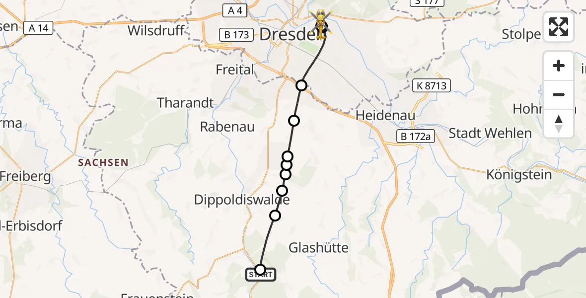 Flugroute Rettungshubschrauber Dippoldiswalde - Dresden University Hospital, 29 Mai 2026, 15:07