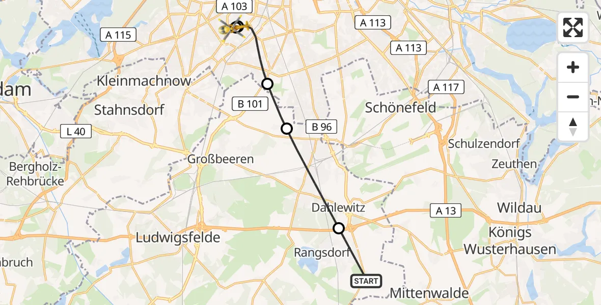 Flugroute Rettungshubschrauber Rangsdorf - Charité Clinic Benjamin Franklin Campus, 29 Mai 2026, 15:08