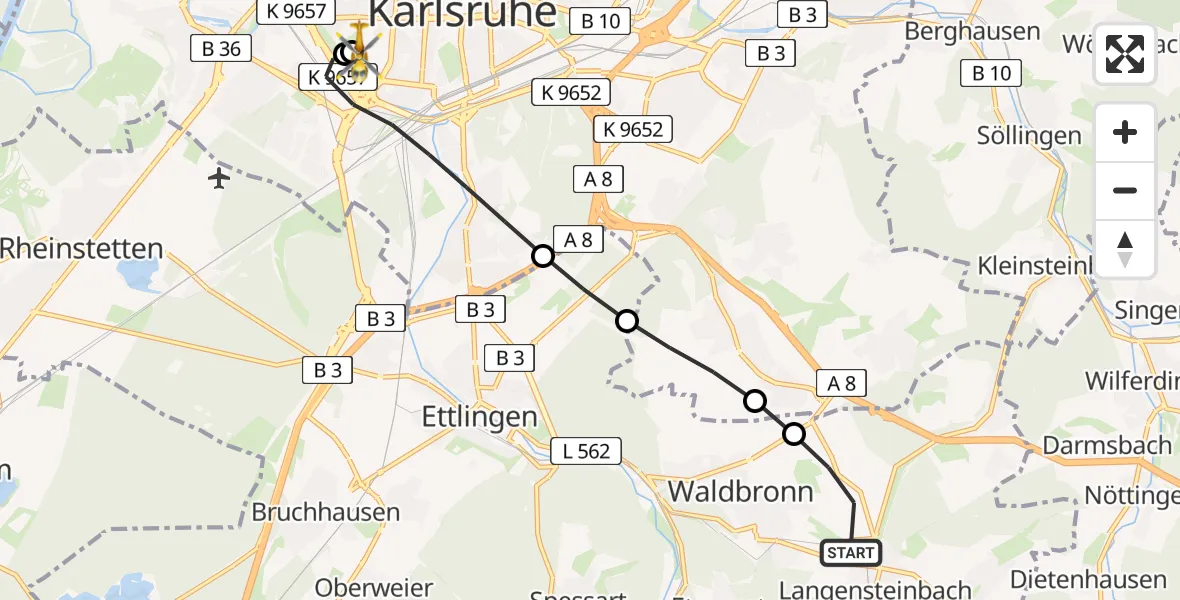 Flugroute Rettungshubschrauber Karlsbad - Sankt Vincentius Hospital, 29 Mai 2026, 15:09