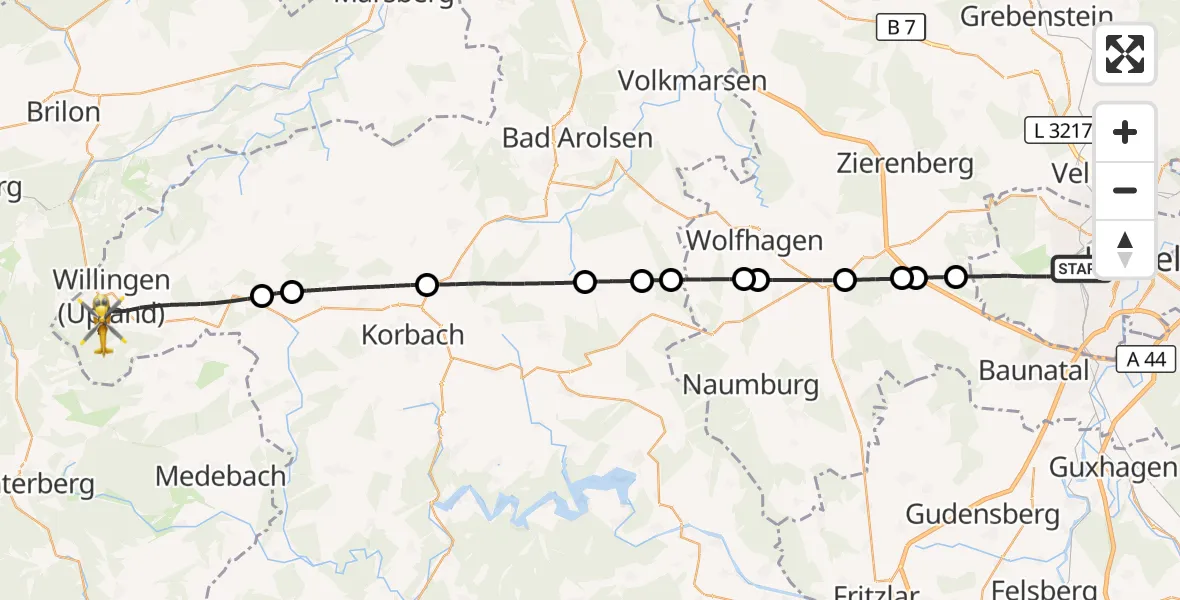 Flugroute Rettungshubschrauber Kassel - Willingen (Upland), 29 Mai 2026, 15:15