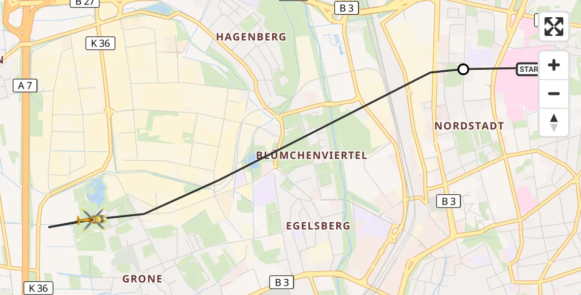 Flugroute Rettungshubschrauber Göttingen University Clinic Hubschrauberlandeplatz - Göttingen, 29 Mai 2026, 15:16