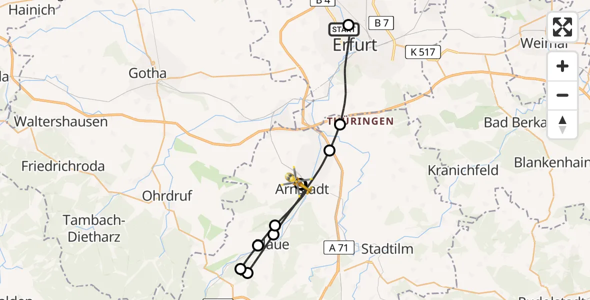 Flugroute Rettungshubschrauber Helios Clinic Erfurt - Ilm District Hospital Arnstadt-Ilmenau, 29 Mai 2026, 15:22