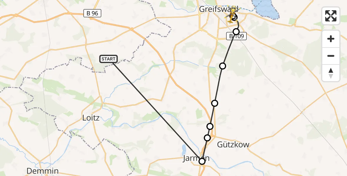 Flugroute Rettungshubschrauber Süderholz - Greifswald Hospital, 29 Mai 2026, 15:24