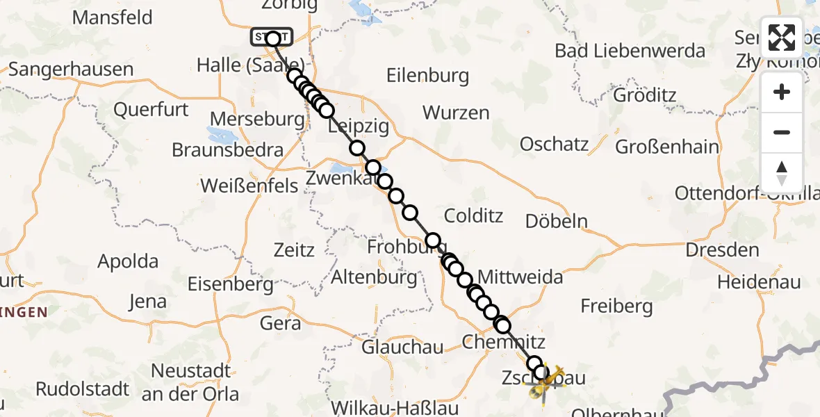 Flugroute Rettungshubschrauber Halle-Oppin Flugplatz - Zschopau, 29 Mai 2026, 15:26