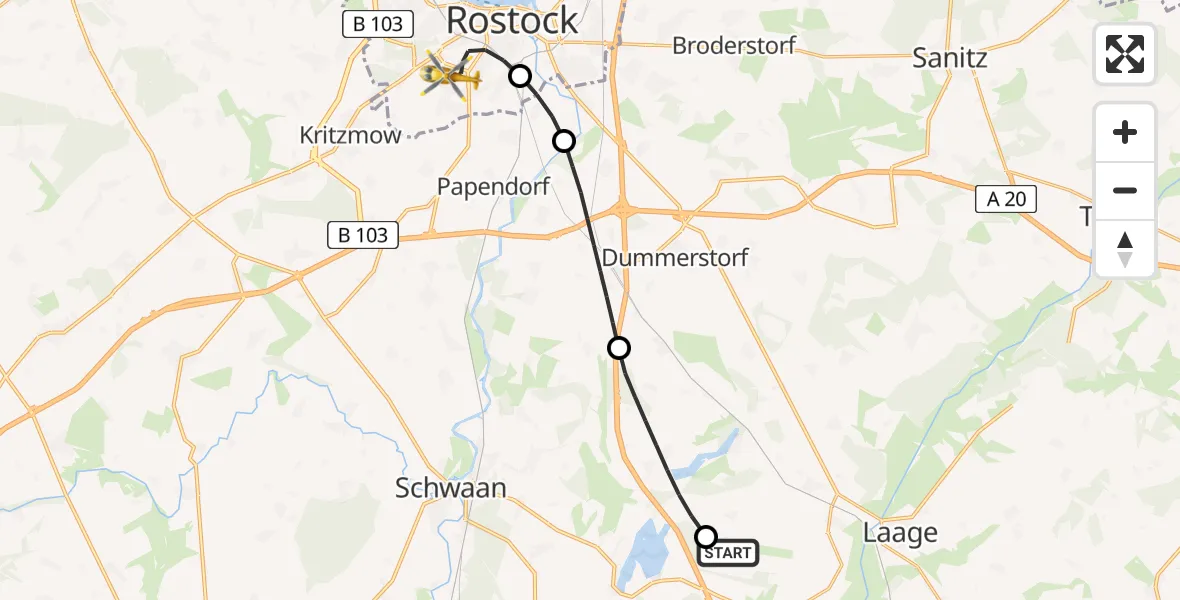 Flugroute Rettungshubschrauber Flughafen Rostock-Laage - Rostock, 29 Mai 2026, 15:55