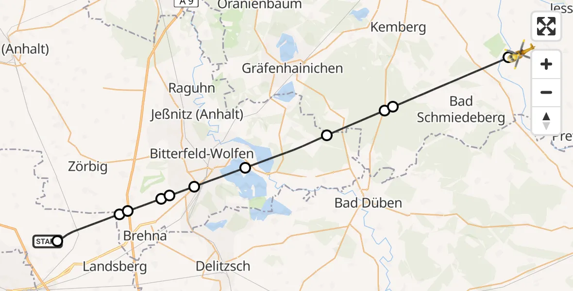 Flugroute Rettungshubschrauber Halle-Oppin Flugplatz - Jessen (Elster), 29 Mai 2026, 15:58