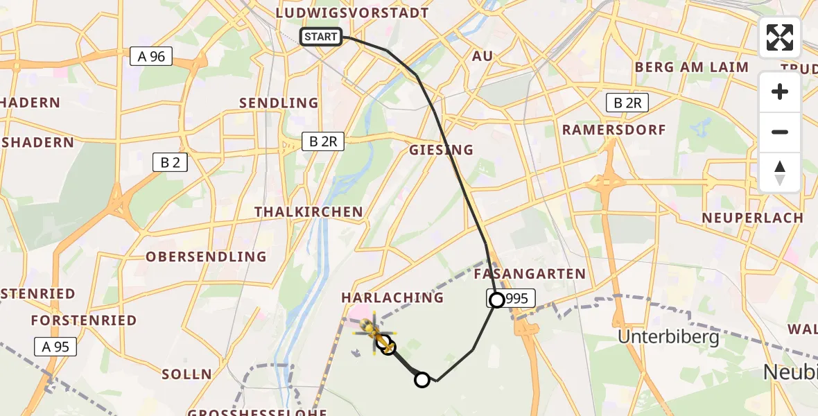 Flugroute Rettungshubschrauber München - ADAC Air Rescue Center Hubschrauberlandeplatz (Christoph 1), 29 Mai 2026, 15:59
