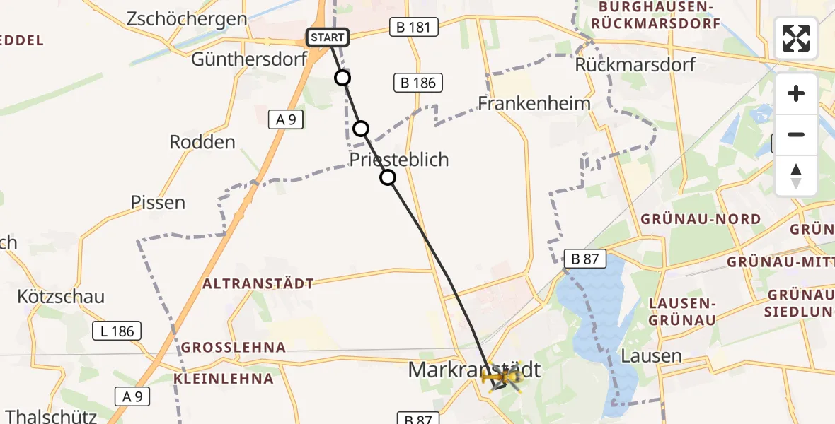 Flugroute Rettungshubschrauber ADAC Air Rescue Station Leipzig/Schkeuditz-Dölzig Hubschrauberlandeplatz (Christoph 61) - Markranstädt, 29 Mai 2026, 16:01
