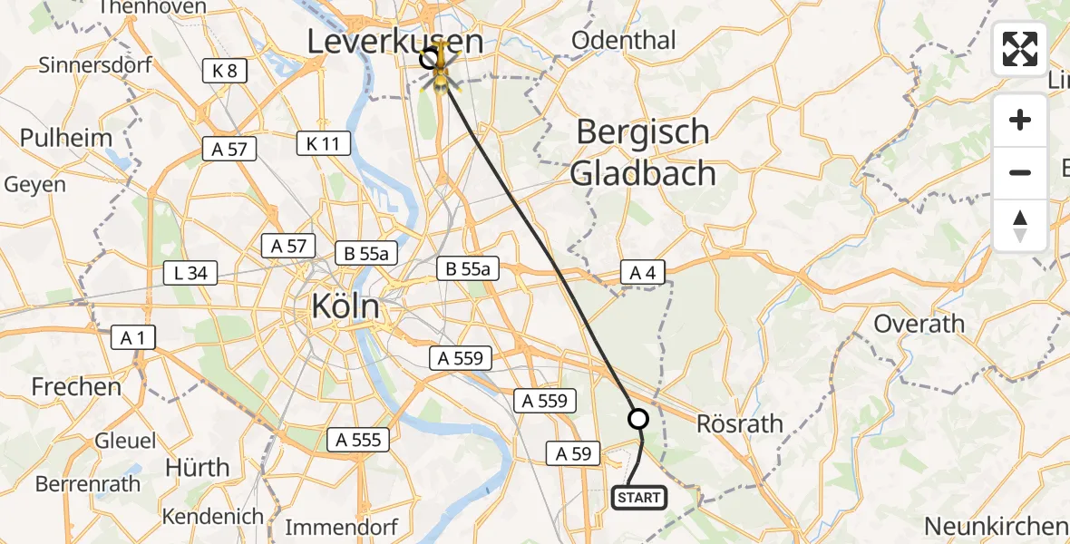 Flugroute Rettungshubschrauber Köln Bonn Flughafen - Leverkusen, 29 Mai 2026, 16:05