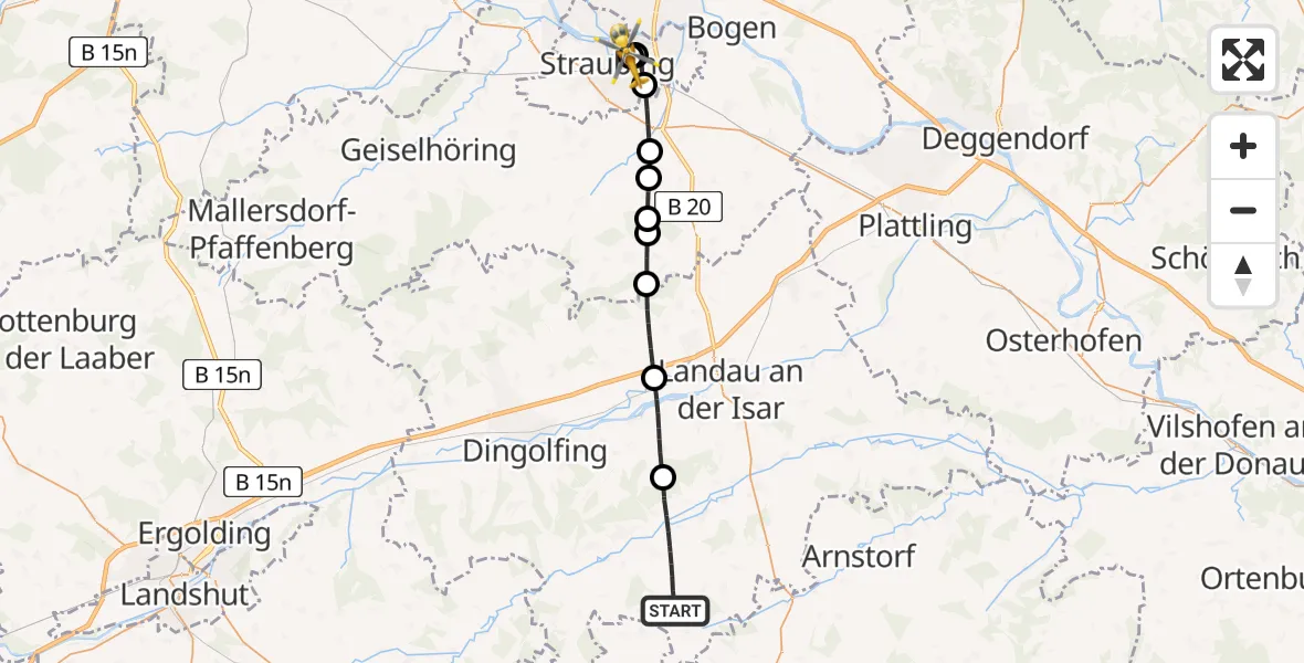 Flugroute Rettungshubschrauber Reisbach - Sankt Elisabeth Hospital Straubing, 29 Mai 2026, 16:09