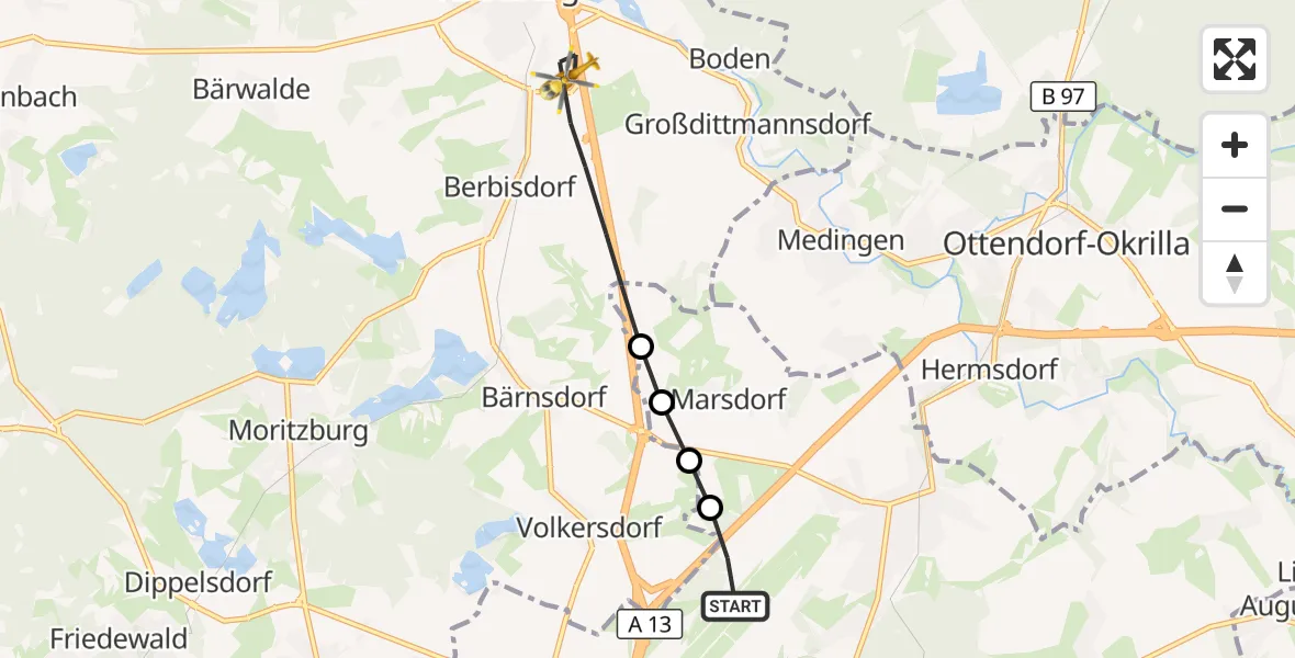 Flugroute Rettungshubschrauber Dresden Flughafen - Radeburg, 29 Mai 2026, 16:15
