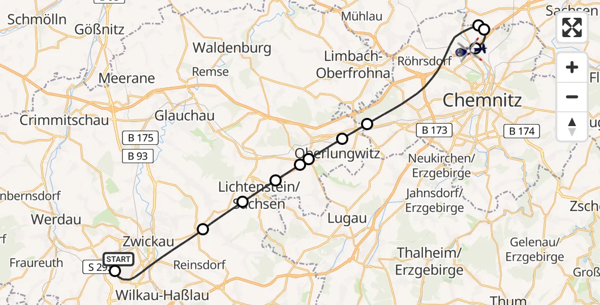 Flugroute Polizeihubschrauber Zwickau Flugplatz - Chemnitz-Glösa Industrial Park Hubschrauberlandeplatz, 29 Mai 2026, 16:17