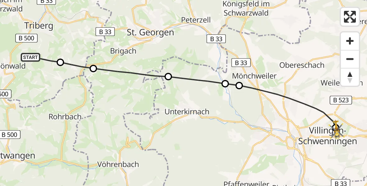 Flugroute Rettungshubschrauber Schönwald im Schwarzwald - DRF Air Rescue Station Villingen-Schwenningen Hubschrauberlandeplatz (Christoph 11), 29 Mai 2026, 16:20