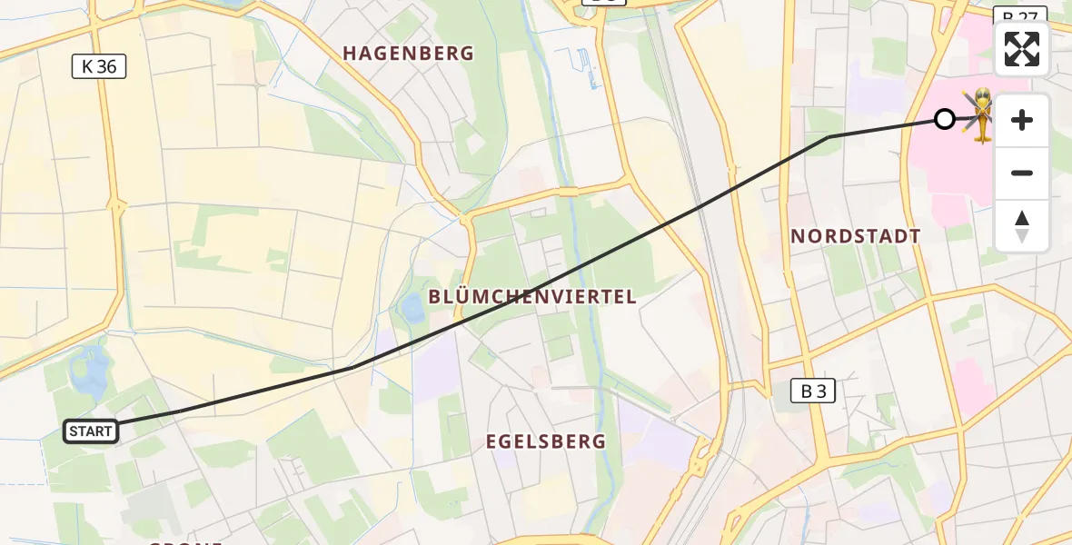 Flugroute Rettungshubschrauber Göttingen - Göttingen University Clinic Hubschrauberlandeplatz, 29 Mai 2026, 16:27