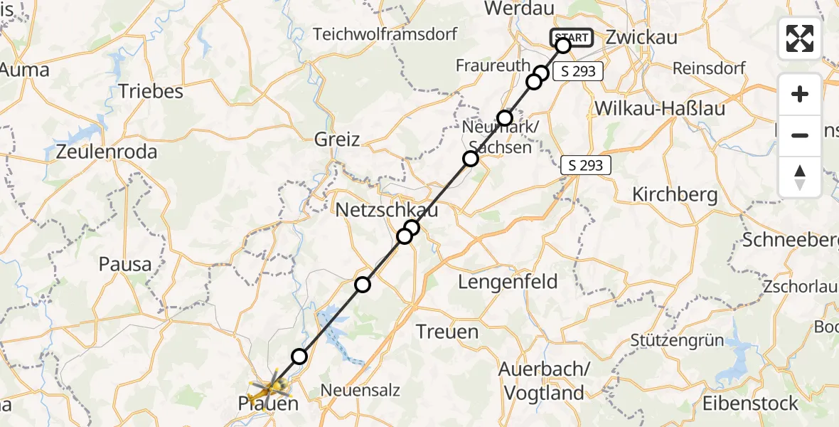 Flugroute Rettungshubschrauber ADAC Air Rescue Station Zwickau Hubschrauberlandeplatz - Plauen, 29 Mai 2026, 16:37
