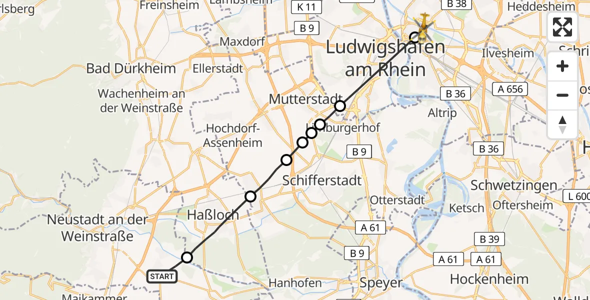 Flugroute Rettungshubschrauber Neustadt an der Weinstraße - Mannheim, 29 Mai 2026, 16:41