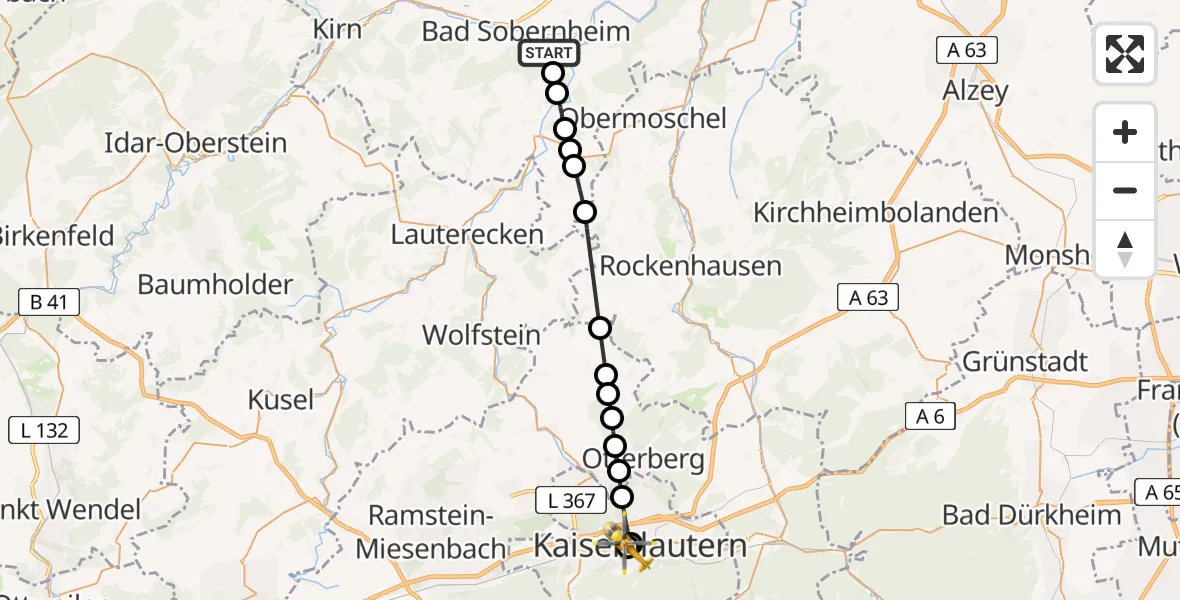 Flugroute Rettungshubschrauber Staudernheim - Westpfalz Hospital Kaiserslautern, 29 Mai 2026, 16:42