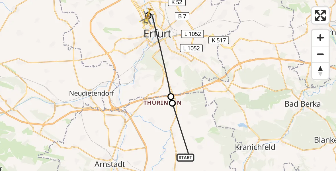Flugroute Rettungshubschrauber Osthausen-Wülfershausen - Helios Clinic Erfurt Hubschrauberlandeplatz, 29 Mai 2026, 16:45