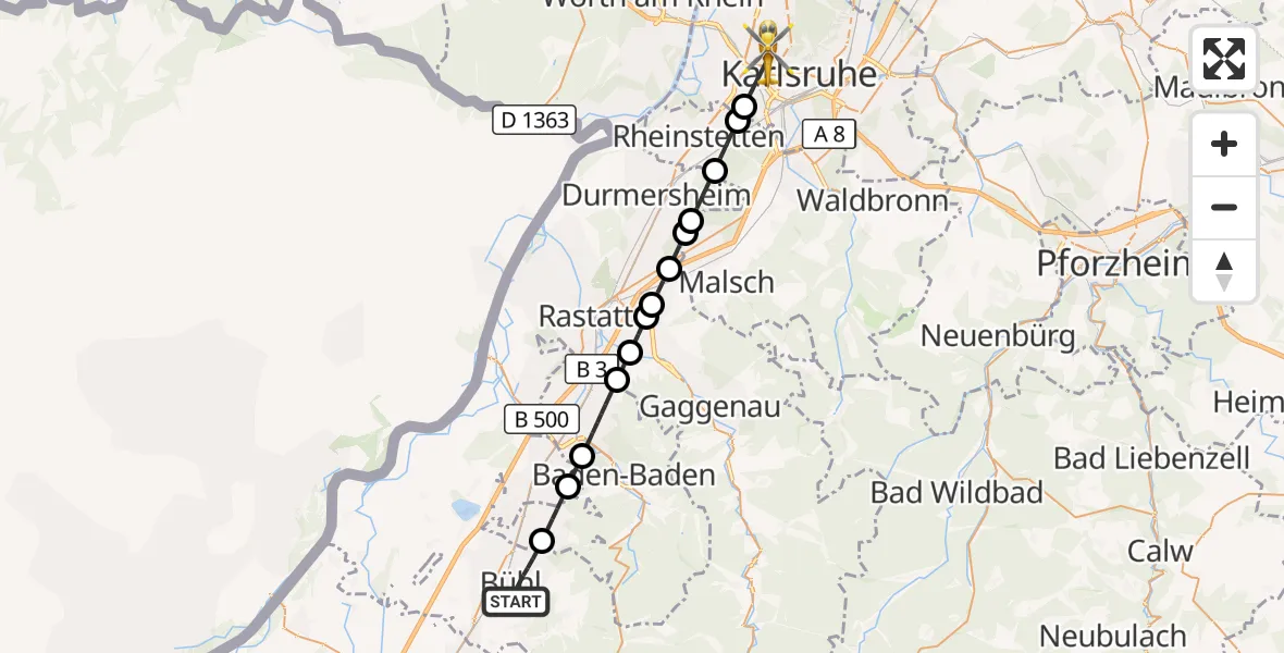 Flugroute Rettungshubschrauber Bühl - Karlsruhe, 29 Mai 2026, 16:53