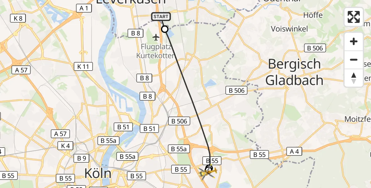 Flugroute Rettungshubschrauber Leverkusen - Merheim Hospital, 29 Mai 2026, 16:53