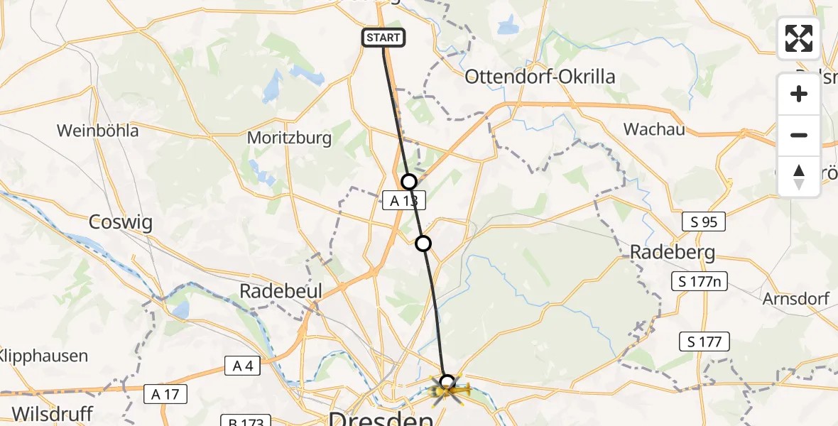 Flugroute Rettungshubschrauber Radeburg - Dresden Elbwiesen Hubschrauberlandeplatz, 29 Mai 2026, 16:53