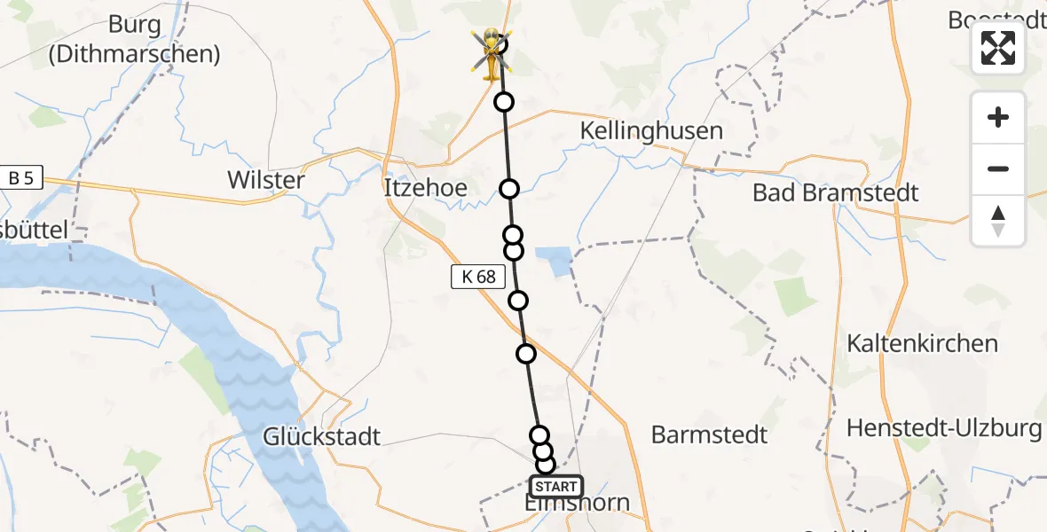 Flugroute Rettungshubschrauber Raa-Besenbek - Itzehoe Hungriger Wolf Flugplatz, 29 Mai 2026, 16:59