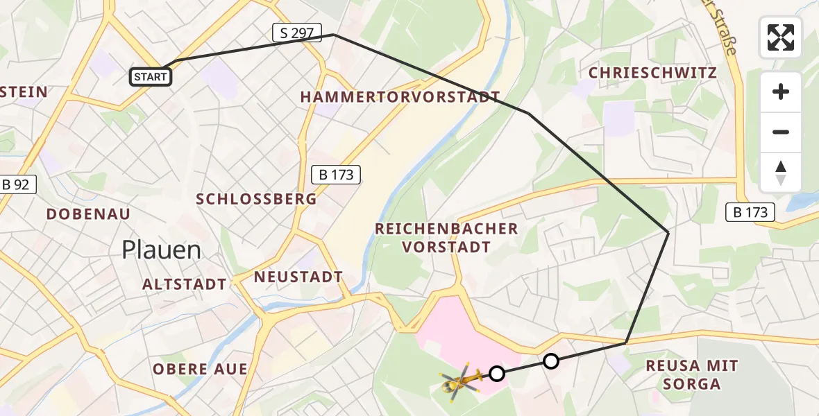Flugroute Rettungshubschrauber Plauen - Helios Clinic Plauen, 29 Mai 2026, 16:59