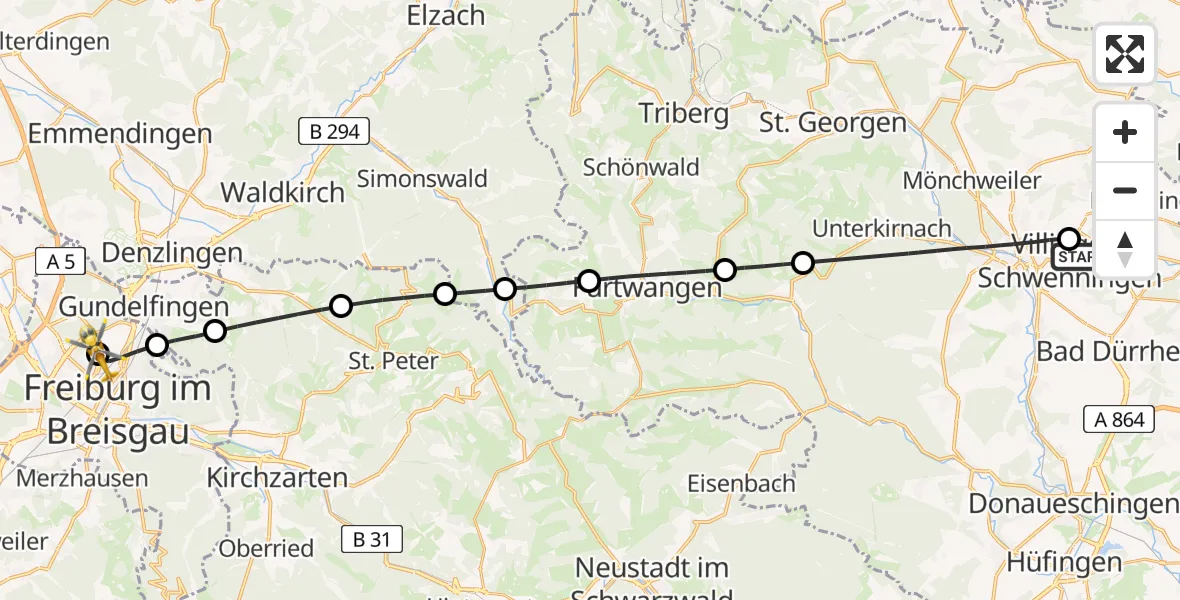 Flugroute Rettungshubschrauber DRF Air Rescue Station Villingen-Schwenningen Hubschrauberlandeplatz (Christoph 11) - Freiburg im Breisgau Flugplatz, 29 Mai 2026, 17:01
