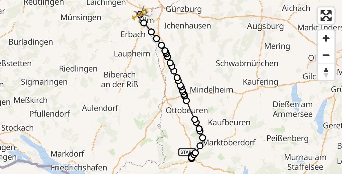 Flugroute Rettungshubschrauber Kempten (Allgäu) - ADAC Air Rescue Station Ulm (Christoph 22), 29 Mai 2026, 17:08