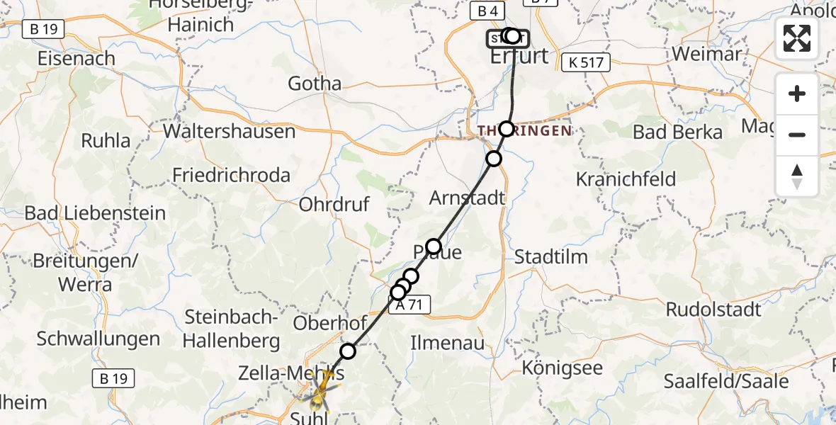 Flugroute Rettungshubschrauber Helios Clinic Erfurt - Suhl, 29 Mai 2026, 17:14