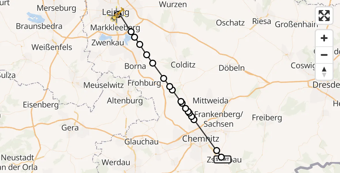 Flugroute Rettungshubschrauber Zschopau - Leipzig University Hospital Heliport 1, 29 Mai 2026, 17:15