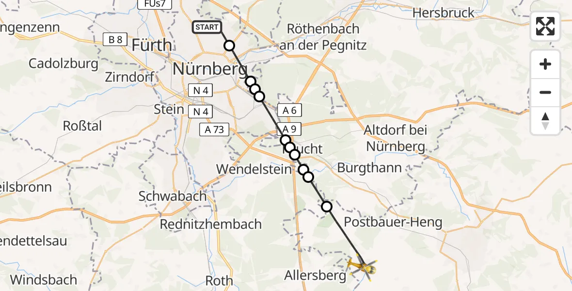 Flugroute Ambulanzhubschrauber Flughafen Nuremberg - Pyrbaum, 29 Mai 2026, 17:23