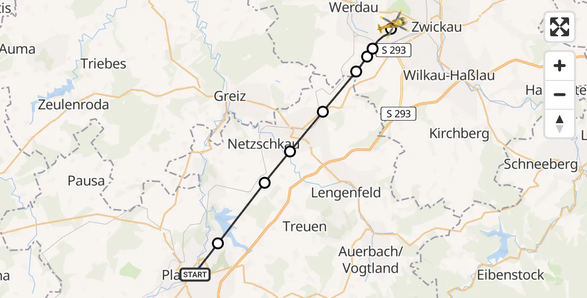 Flugroute Rettungshubschrauber Plauen - ADAC Air Rescue Station Zwickau Hubschrauberlandeplatz, 29 Mai 2026, 17:23