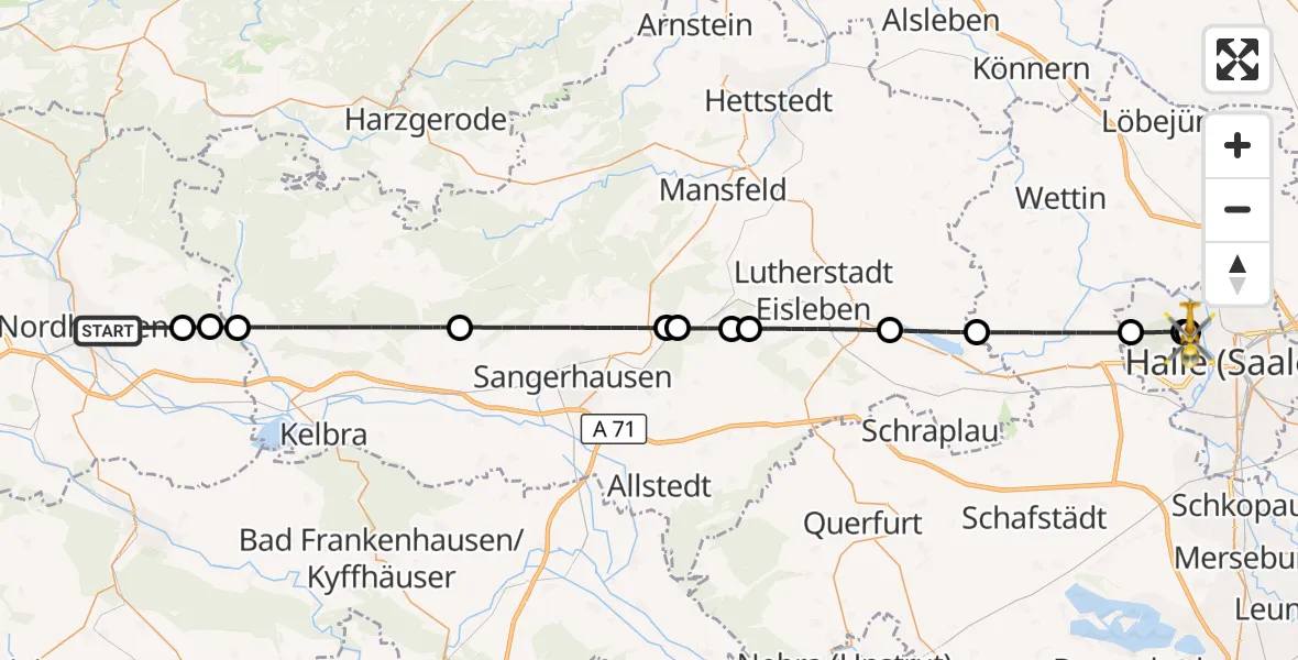 Flugroute Ambulanzhubschrauber Nordhausen - Halle (Saale) University Hospital, 29 Mai 2026, 17:26