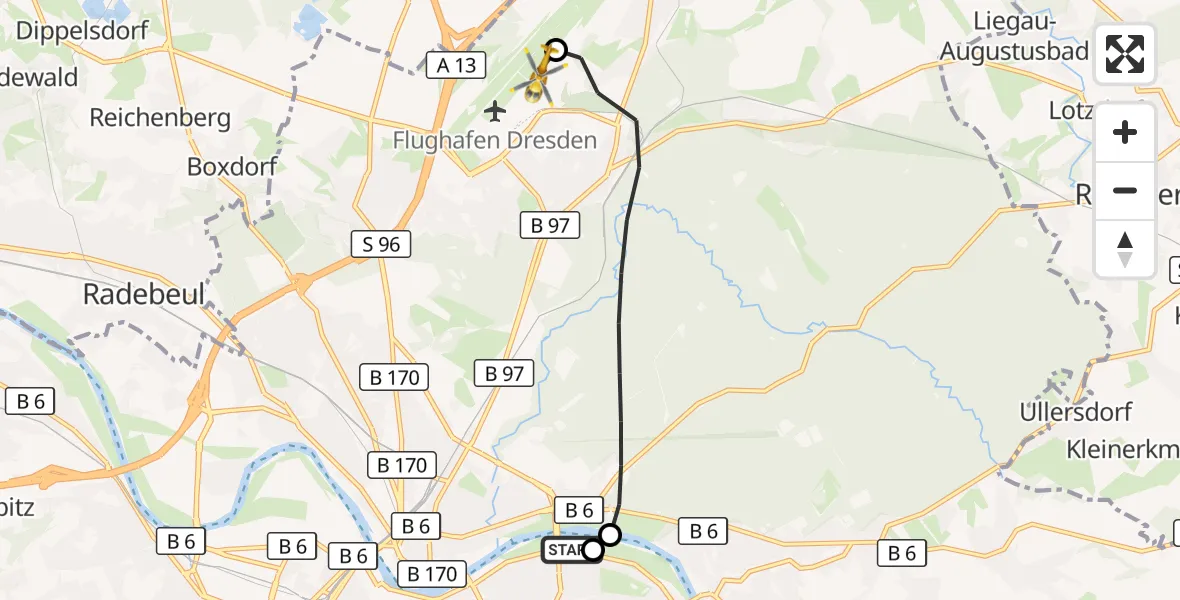 Flugroute Rettungshubschrauber Dresden University Hospital - Dresden Bundespolizei Hubschrauberlandeplatz, 29 Mai 2026, 17:30
