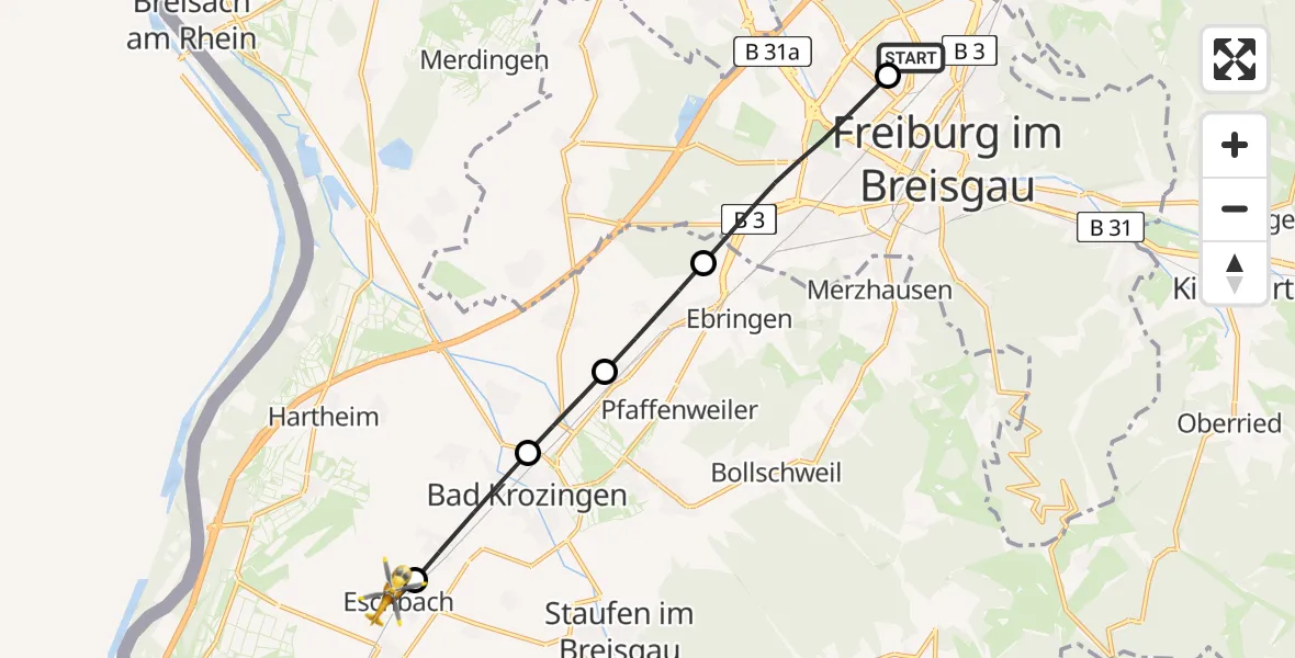Flugroute Rettungshubschrauber Freiburg im Breisgau Flugplatz - Eschbach, 29 Mai 2026, 17:38