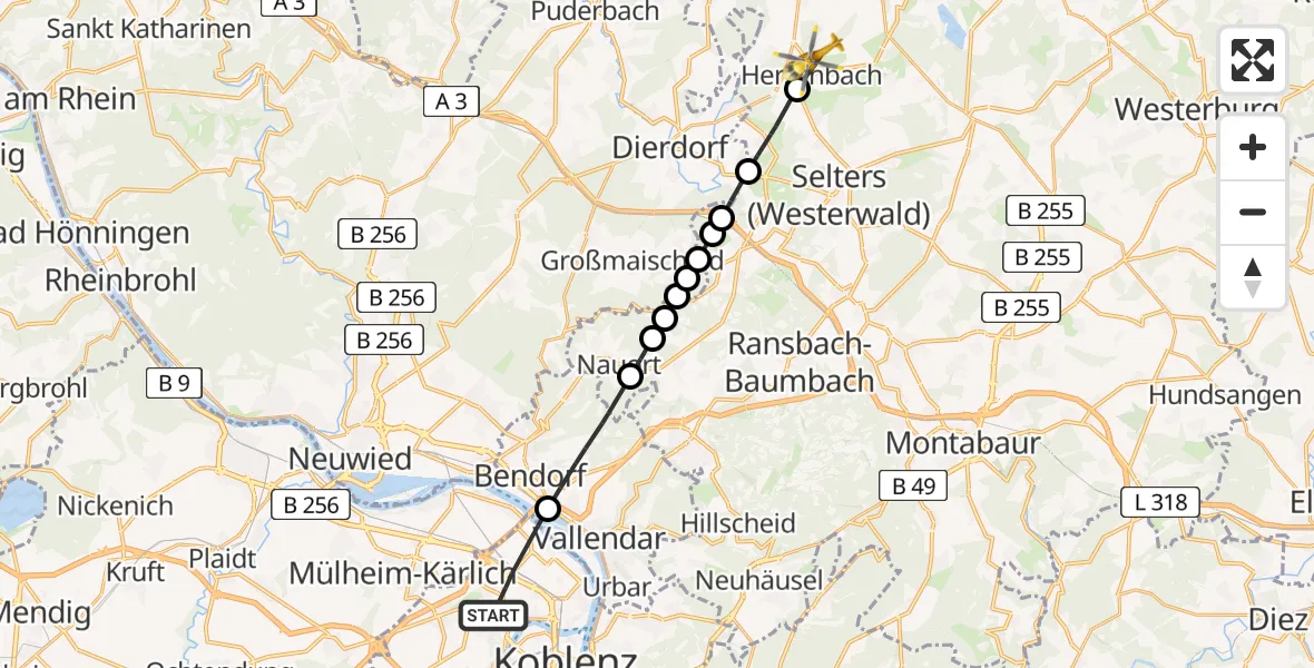 Flugroute Rettungshubschrauber Koblenz - Herschbach, 29 Mai 2026, 17:44