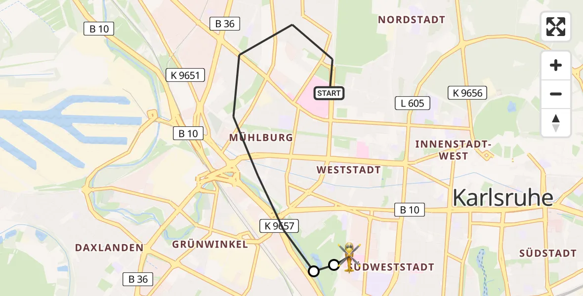 Flugroute Rettungshubschrauber Karlsruhe - Sankt Vincentius Hospital, 29 Mai 2026, 17:48