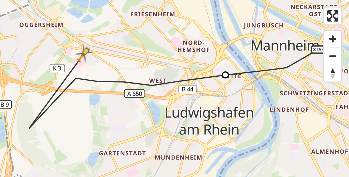 Flugroute Rettungshubschrauber Mannheim - Ludwigshafen Accident Hospital, 29 Mai 2026, 17:50