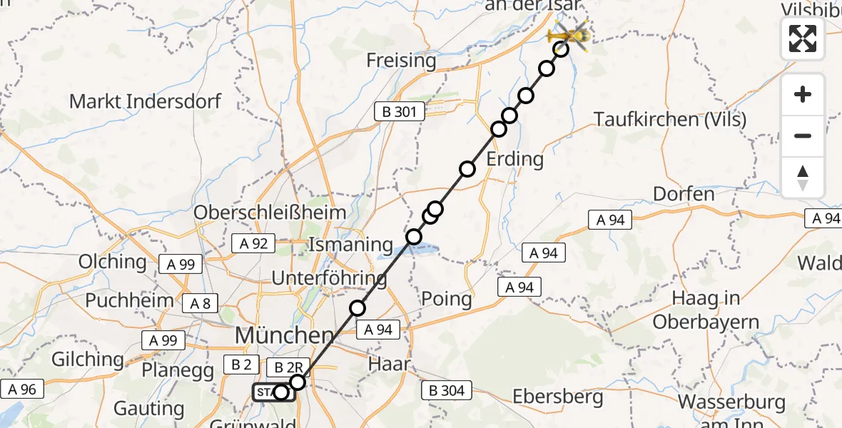 Flugroute Rettungshubschrauber ADAC Air Rescue Center Hubschrauberlandeplatz (Christoph 1) - Langenpreising, 29 Mai 2026, 17:55