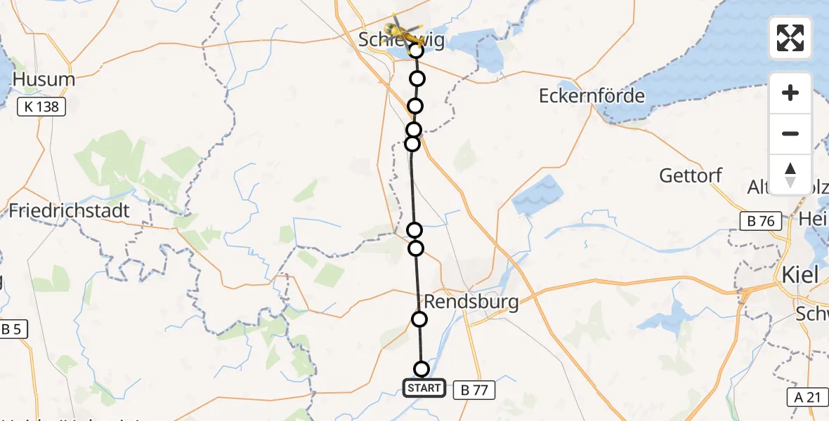 Flugroute Ambulanzhubschrauber Schülp b.Rendsburg - Schleswig, 29 Mai 2026, 17:56