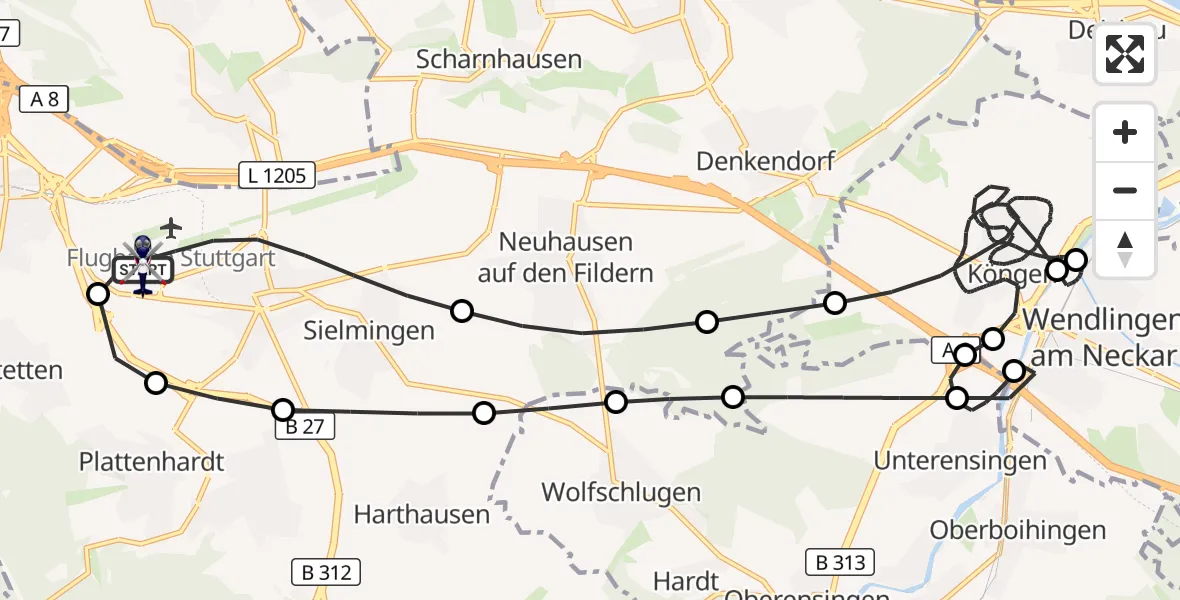 Flugroute Polizeihubschrauber Flughafen Stuttgart - Flughafen Stuttgart, 29 Mai 2026, 18:00
