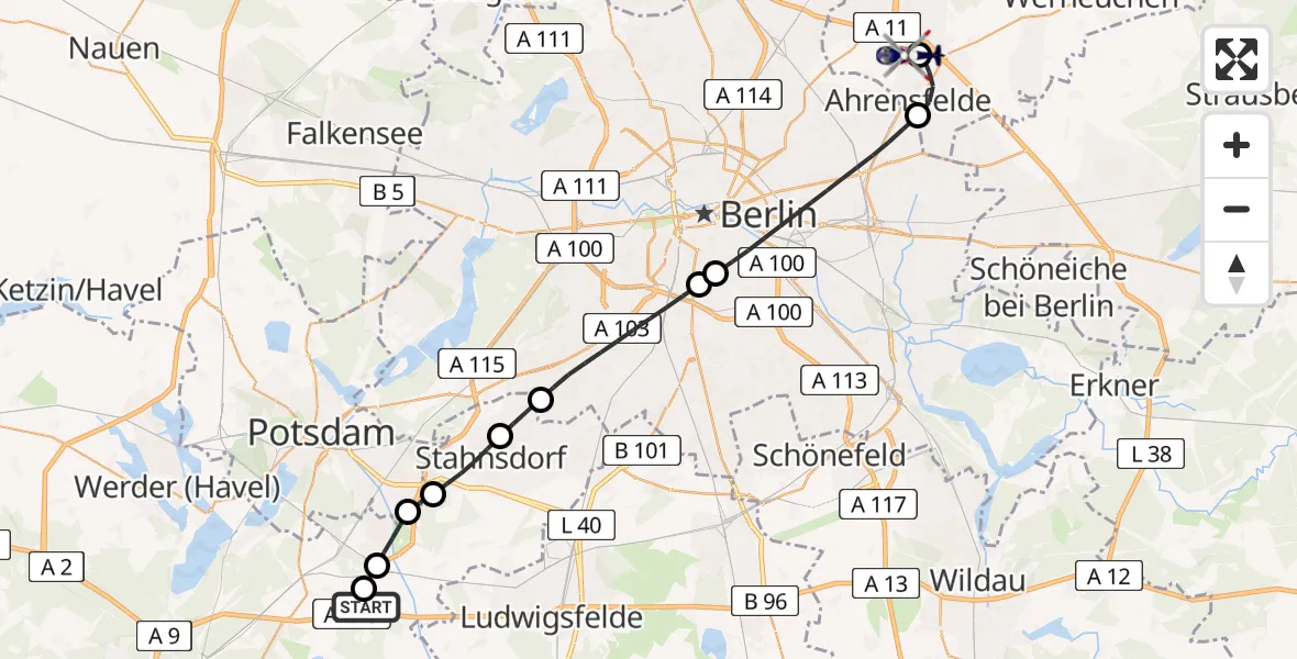 Flugroute Polizeihubschrauber Saarmund Flugplatz - Ahrensfelde Hubschrauberlandeplatz, 29 Mai 2026, 18:00