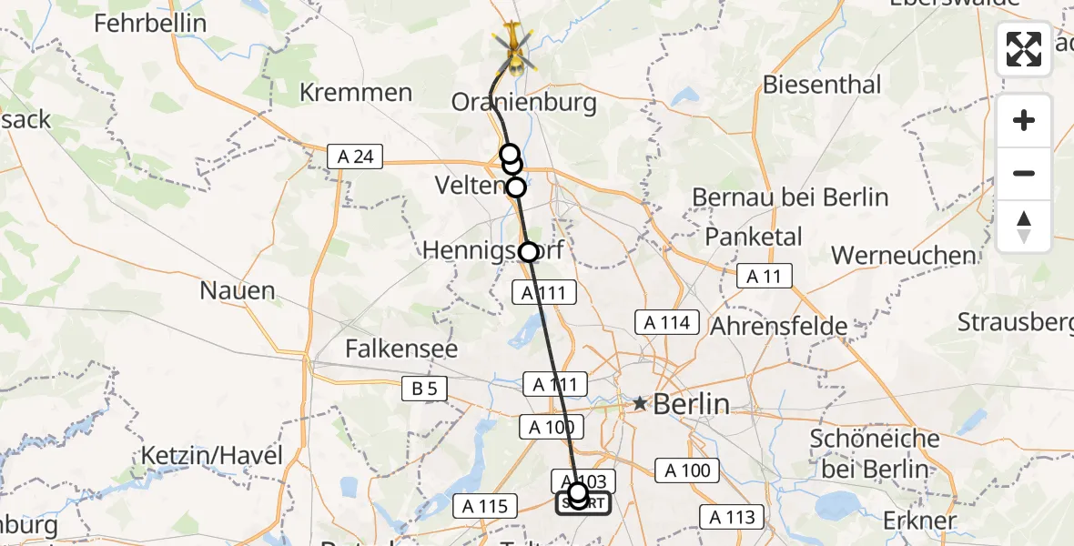 Flugroute Rettungshubschrauber Charité Clinic Benjamin Franklin Campus - Oranienburg, 29 Mai 2026, 18:02