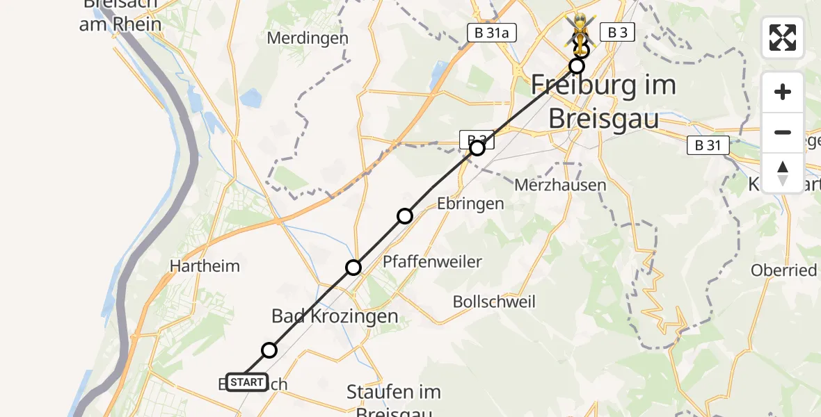 Flugroute Rettungshubschrauber Eschbach - Freiburg im Breisgau Flugplatz, 29 Mai 2026, 18:04