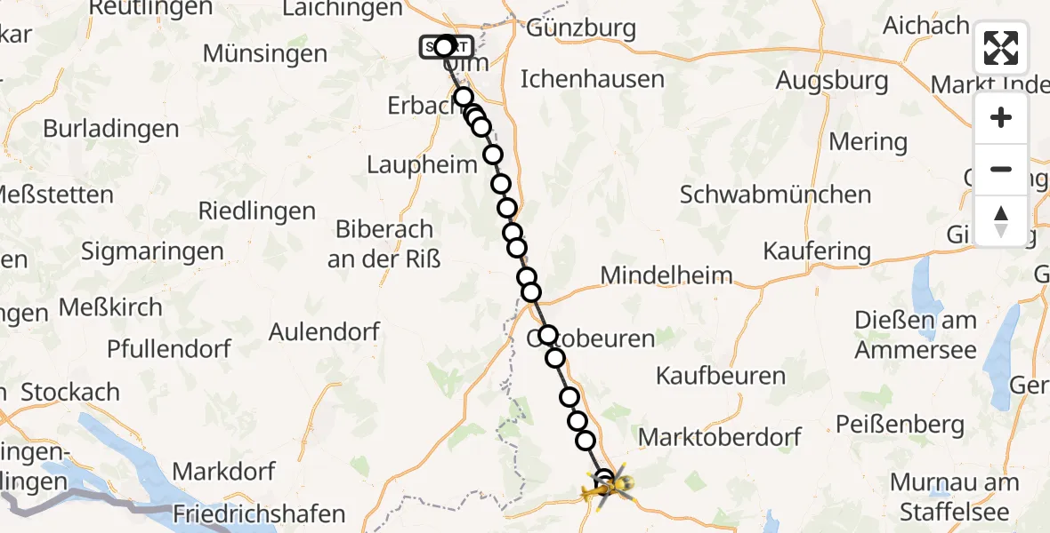Flugroute Rettungshubschrauber Ulm Military Hospital Emergency - Kempten-Durach Flugplatz, 29 Mai 2026, 18:06
