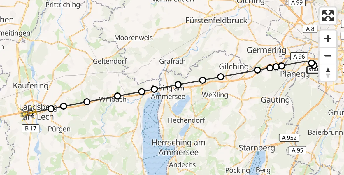 Flugroute Rettungshubschrauber DRF Air Rescue München Hubschrauberlandeplatz - Landsberg am Lech Hospital, 29 Mai 2026, 18:08