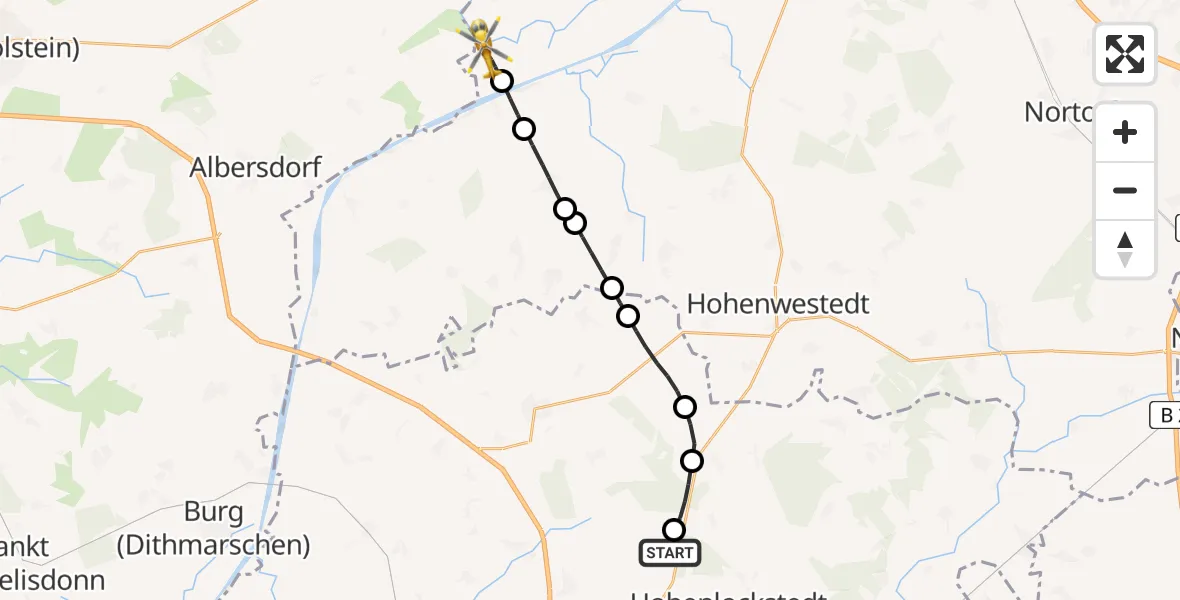 Flugroute Rettungshubschrauber Itzehoe Hungriger Wolf Flugplatz - Oldenbüttel, 29 Mai 2026, 18:11